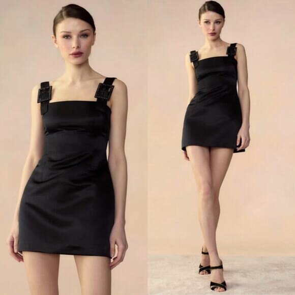 Cynthia Rowley Gigi Satin Dress Black Mini Rhinestone Cocktail Party LBD Size 0 - Picture 14 of 16